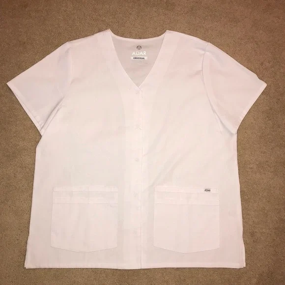 Adar Medical Scrubs Top NEW Plus Size 2XL White Short Sleeve Snap Button V Neck - Picture 1 of 7